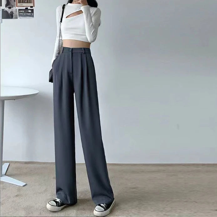 Trousers Woman Wide Leg Clothing Office Womens Pants Tailoring with Pockets Solid Work Zipper All Medium Comfortable Stretch 90s