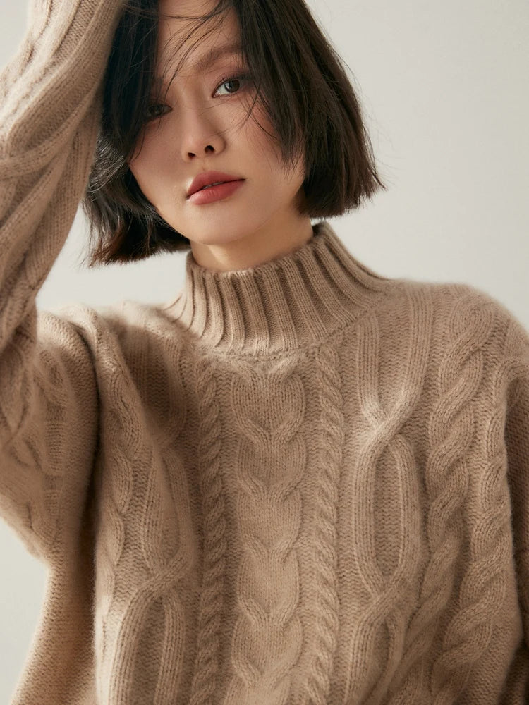 Women 100% Cashmere Sweater Mock Neck Pullover Cable Knitting Vintage Loose Style Thickened Cashmere Knitwear Autumn Winter Tops