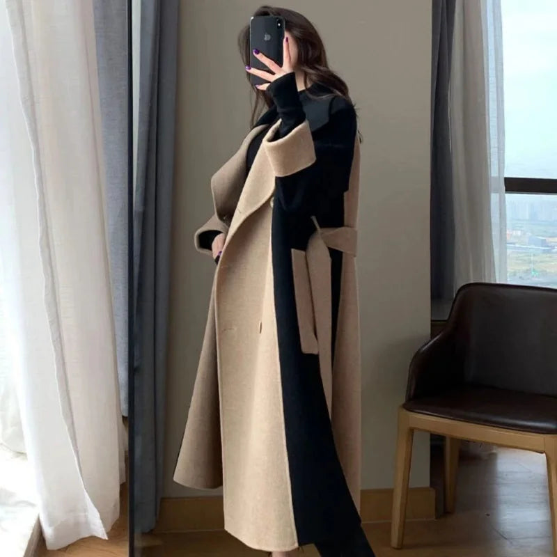 New Autumn Winter Women Coat Color Matching Turn-down Collar Double-breasted Mid Length Lady Coat Double-sided Female Overcoat