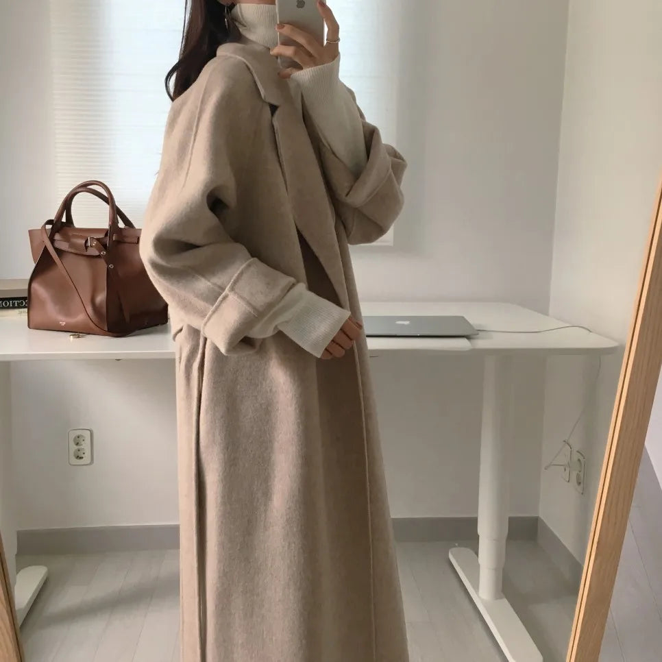 Elegant Woolen Coat Women's 2025 Autumn Winter Mid Length Adjustable Waist Thick Casual Long Sleeve Fashion Wool Coats Female