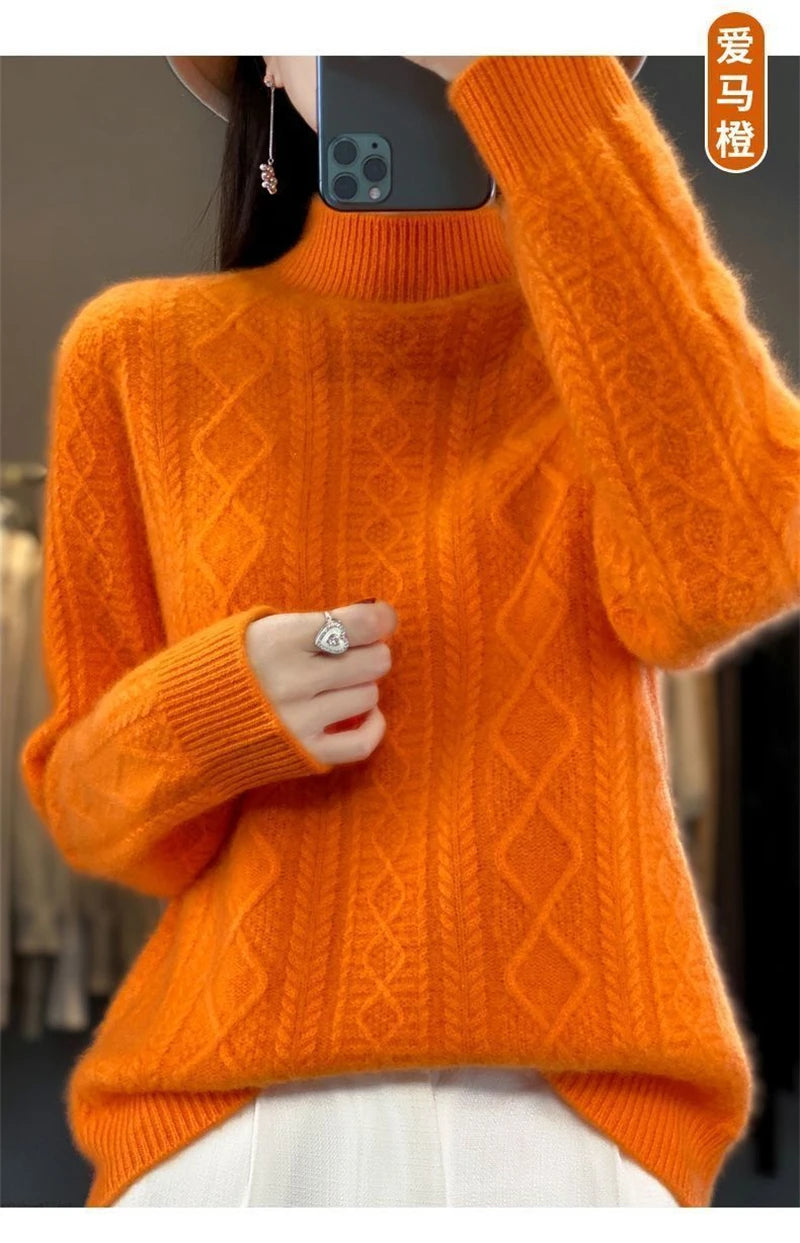 2024 New Women Autumn Winter Sweater Thick 100% Merino Wool Turtleneck Casual Cashmere Knitwaer Pullover Korean Fashion Tops