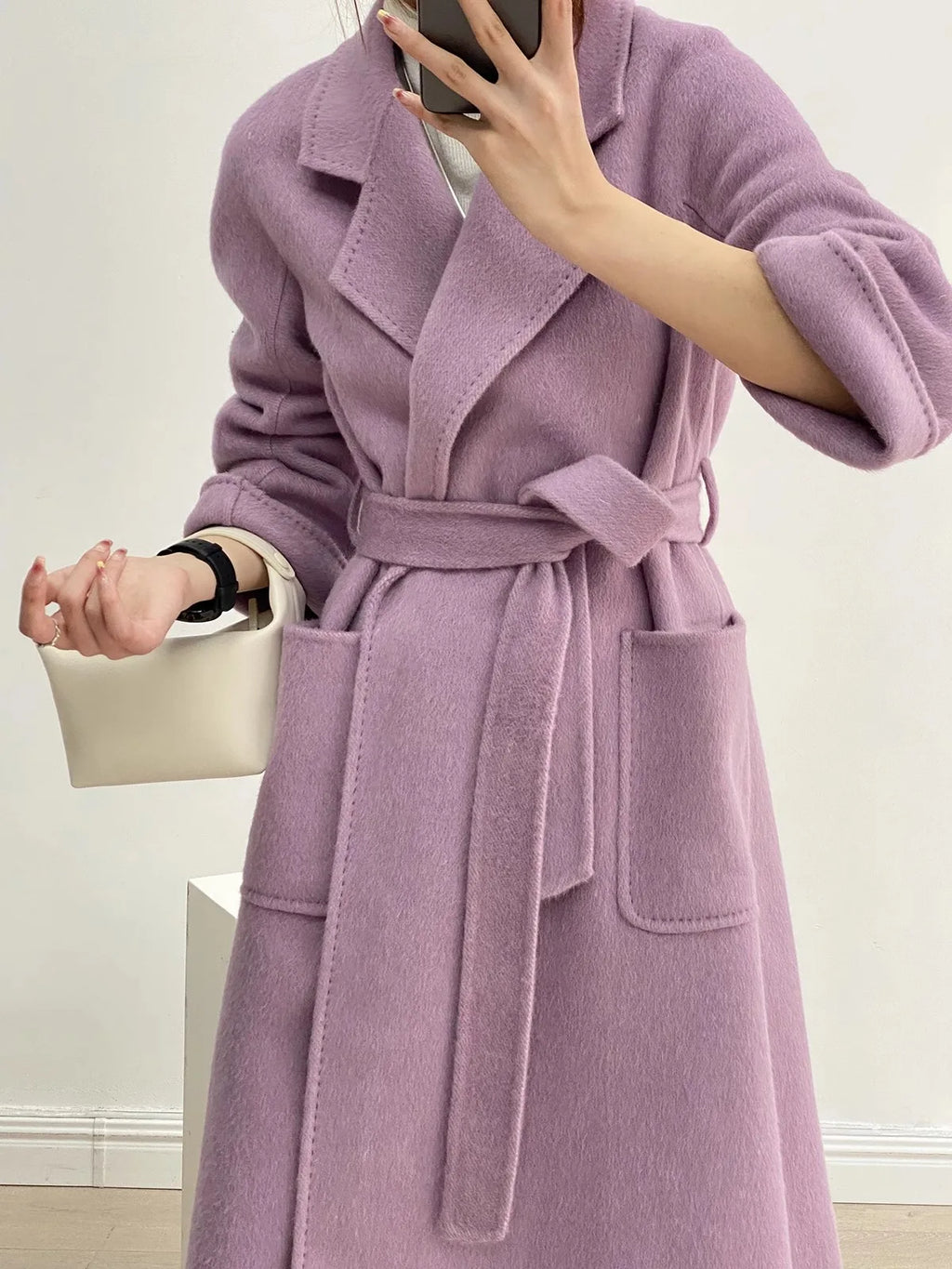 Purple Double-Sided Cashmere Coat For Women In Autumn And Winter, Fashionable And High-End, Loose And Medium Length Coat