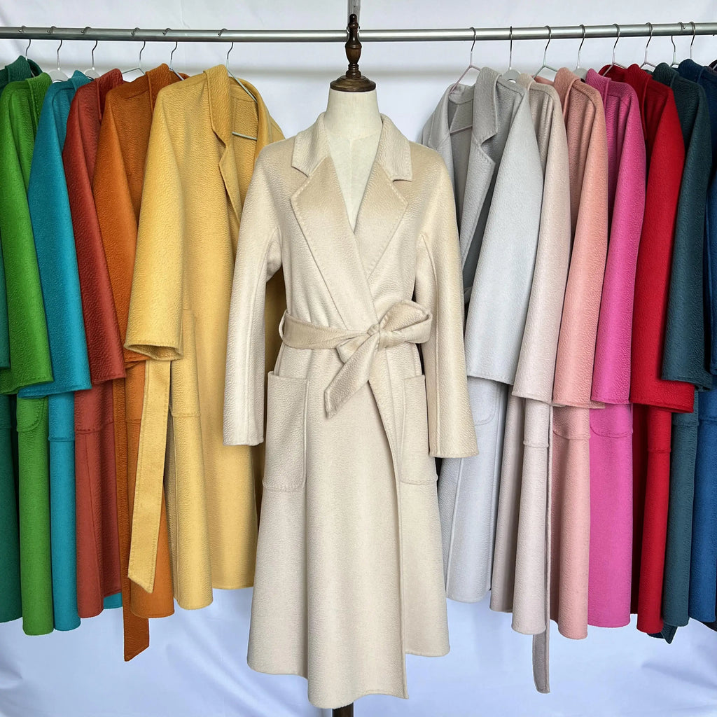 Cashmere Coat Female Winter Mid-Length Corrugated Coat Black Wool Coat Woman Autumn New Casual Fashion Red Beige Lace-Up Coat