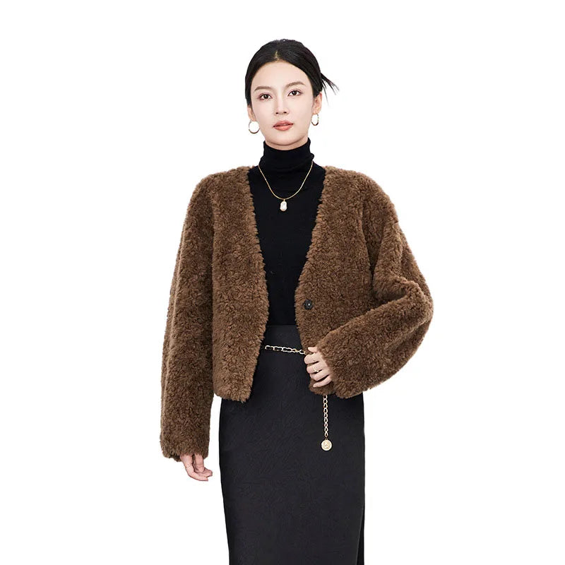 100% Wool Short Jackets for Women 2024 Autumn Winter V Neck Lamb Wool Coat Womens Clothing Fashion Outerwears Casaco Feminino