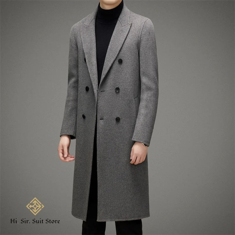 High-end Men's Double-breasted Wool Coat Fashionable Long Wool Knee-length Casual Suit Jacket for Men Peak Lapel Customized Coat