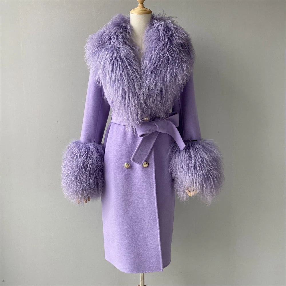 Women Cashmere Wool Coat With Real Mongolian Sheep Fur Collar  Ladies Autumn Winter Fashion Long Outwear Full Sleeve Fur Jacket