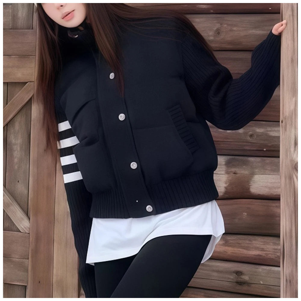 Womens Jacket Stand Collar Quilted Patchwork Knit Sleeves Casual Versatile Jacket Essential Autumn And Winter Item Trafizaran
