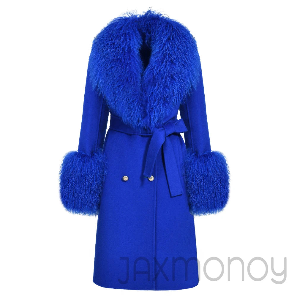 Women Cashmere Wool Coat With Real Mongolian Sheep Fur Collar  Ladies Autumn Winter Fashion Long Outwear Full Sleeve Fur Jacket