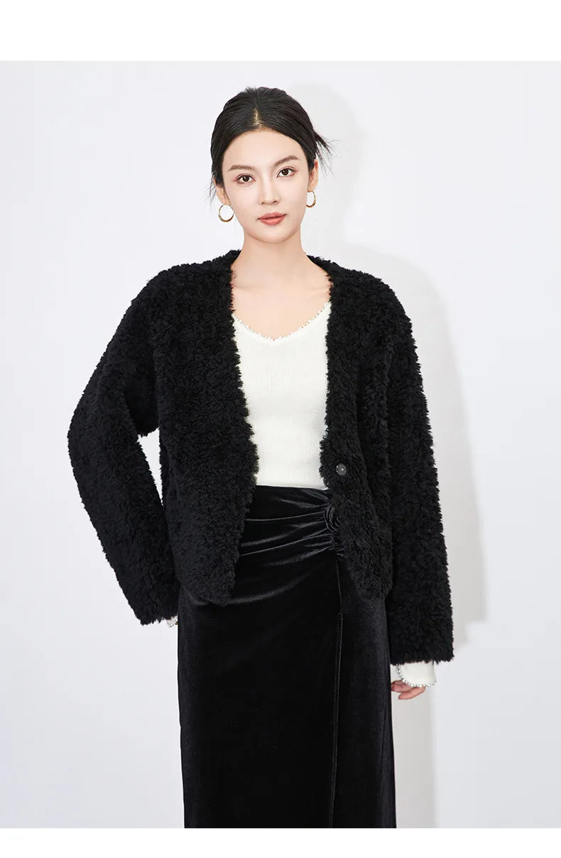 100% Wool Short Jackets for Women 2024 Autumn Winter V Neck Lamb Wool Coat Womens Clothing Fashion Outerwears Casaco Feminino