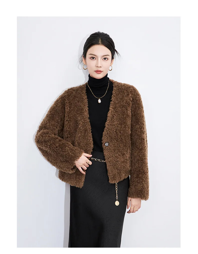 100% Wool Short Jackets for Women 2024 Autumn Winter V Neck Lamb Wool Coat Womens Clothing Fashion Outerwears Casaco Feminino