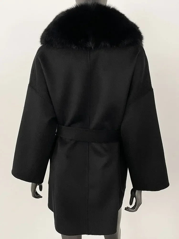 2025 Winter Fashion Women Double-sided Wool Cashmere Coat with Detachable Natural Fox Fur Collar Luxurious Genuine Fur Coat