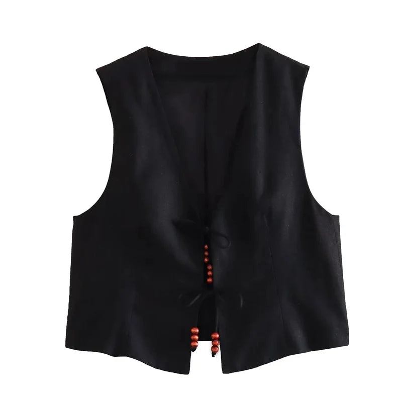 MUJER Beading Sleeveless Vest Woman V Neck Black Cropped Vest Women Jacket Tied Short Coats Waistcoat Women's Fashion Vests 2025