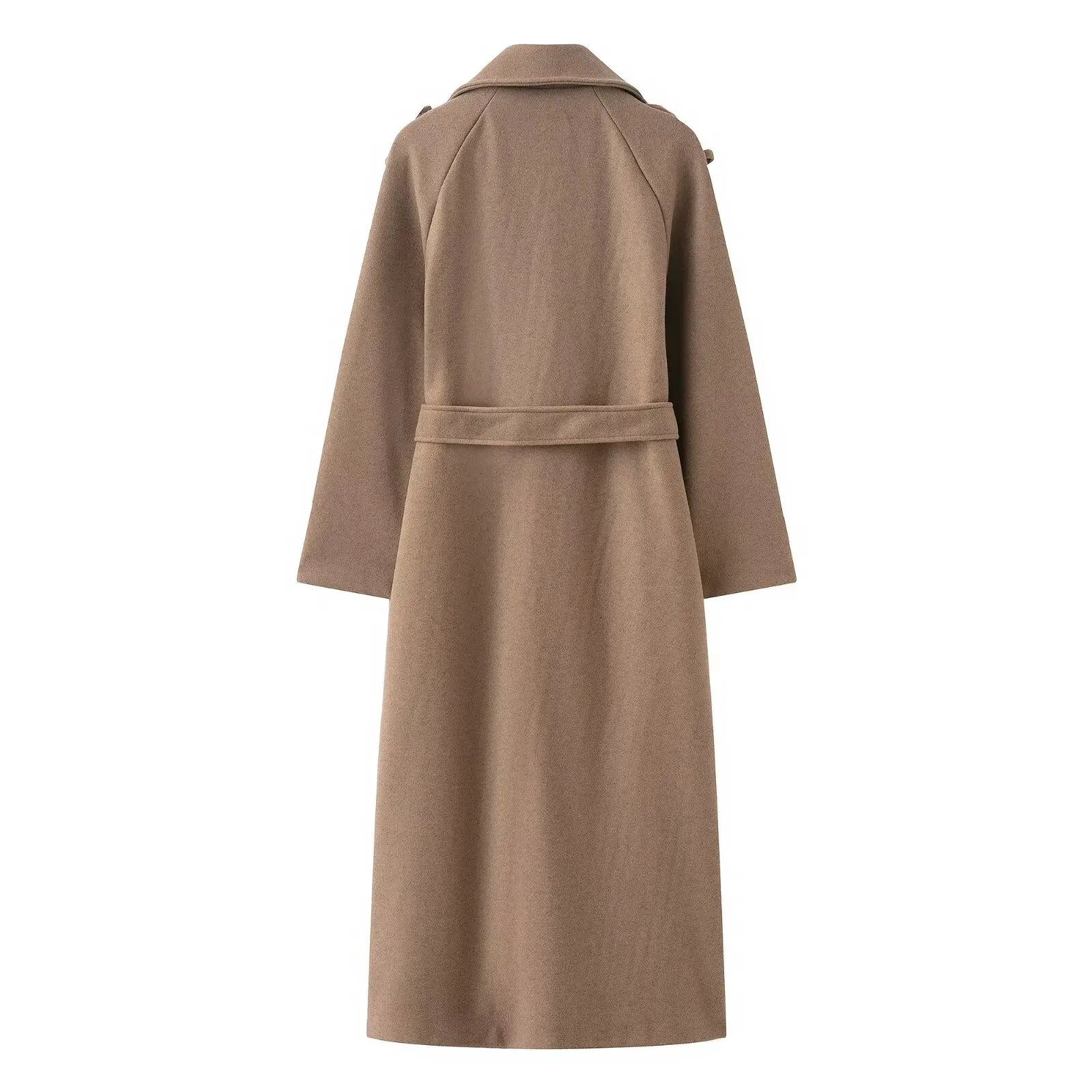 HH Winter Elegant Women Turn-Down Collar Long Coat Solid Long Sleeves Pocket Belt Double-Breasted Female Slim Windbreaker Coats