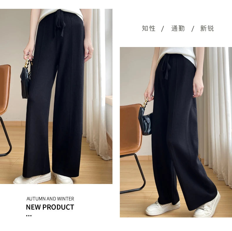 2024 Women's Cashmere Pants Sports Pants Women's Autumn and Winter High Waist Drawstring Warm Pants Knitted Cashmere Warm Pants