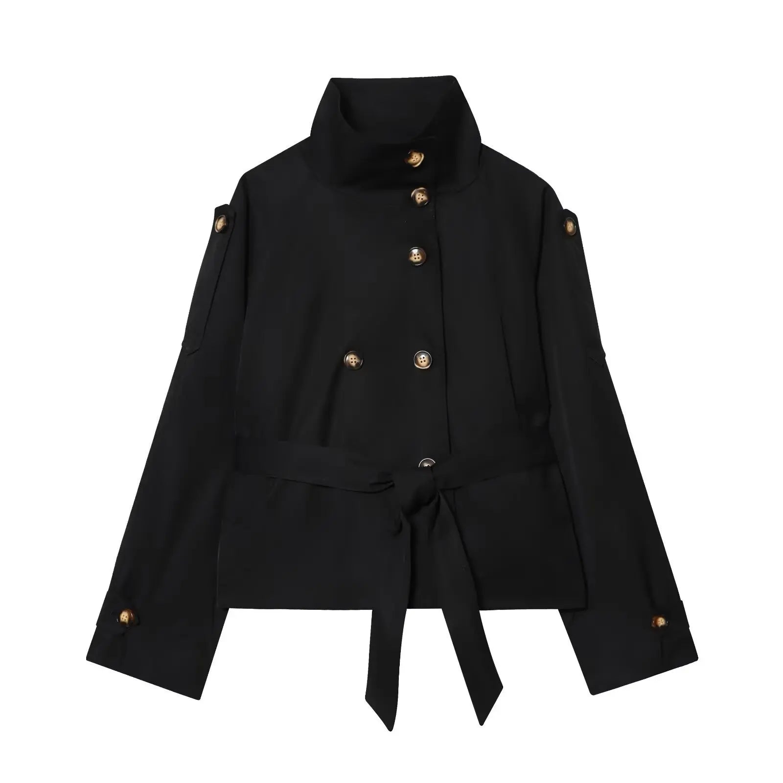 Women's Loose Motorcycle Jacket Stand-up Collar Long-sleeved Double-breasted Pocket Solid Color Cropped Overcoat New Chic Jacket