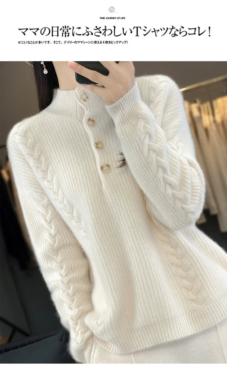 Cashmere Sweater Women's 2023 Autumn/Winter New Knitted Half High Collar Pullover 100% Wool Loose Korean Fashion Luxury Top