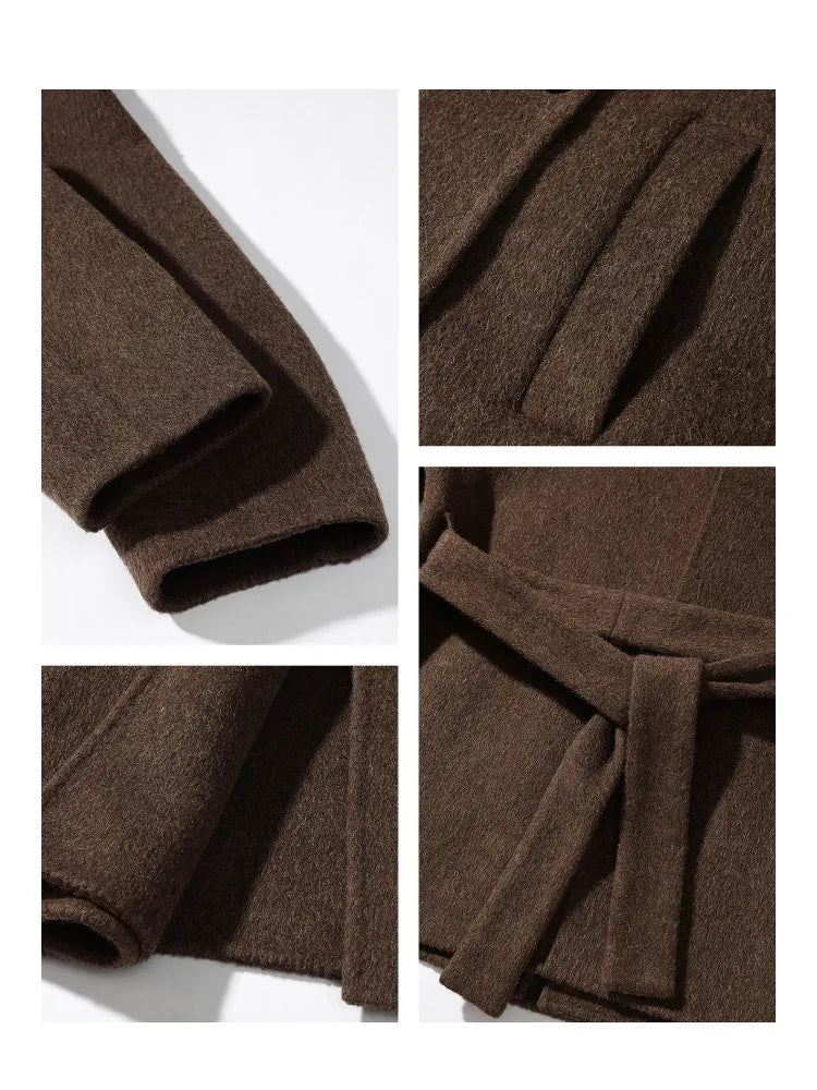 Women Elegant Wool-Like Winter Short Coat Brown Belted Jacket Warm Casual Outerwear for Lady with High Neck and Waist Tie Design