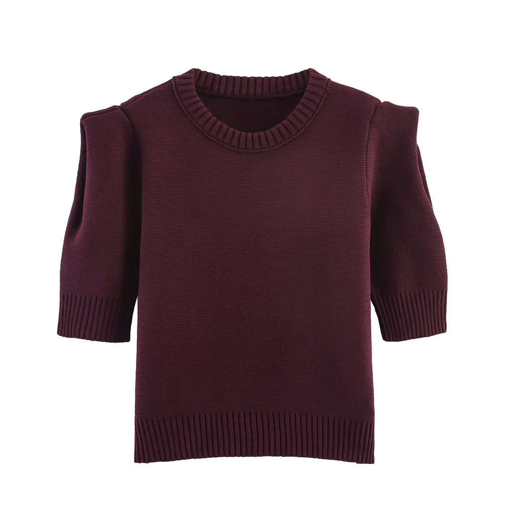 Woman's Knitted Pullover Round Neck Pleated Short Sleeve Slim Solid Color Cropped Sweater Simple Commuter Autumn Female Top