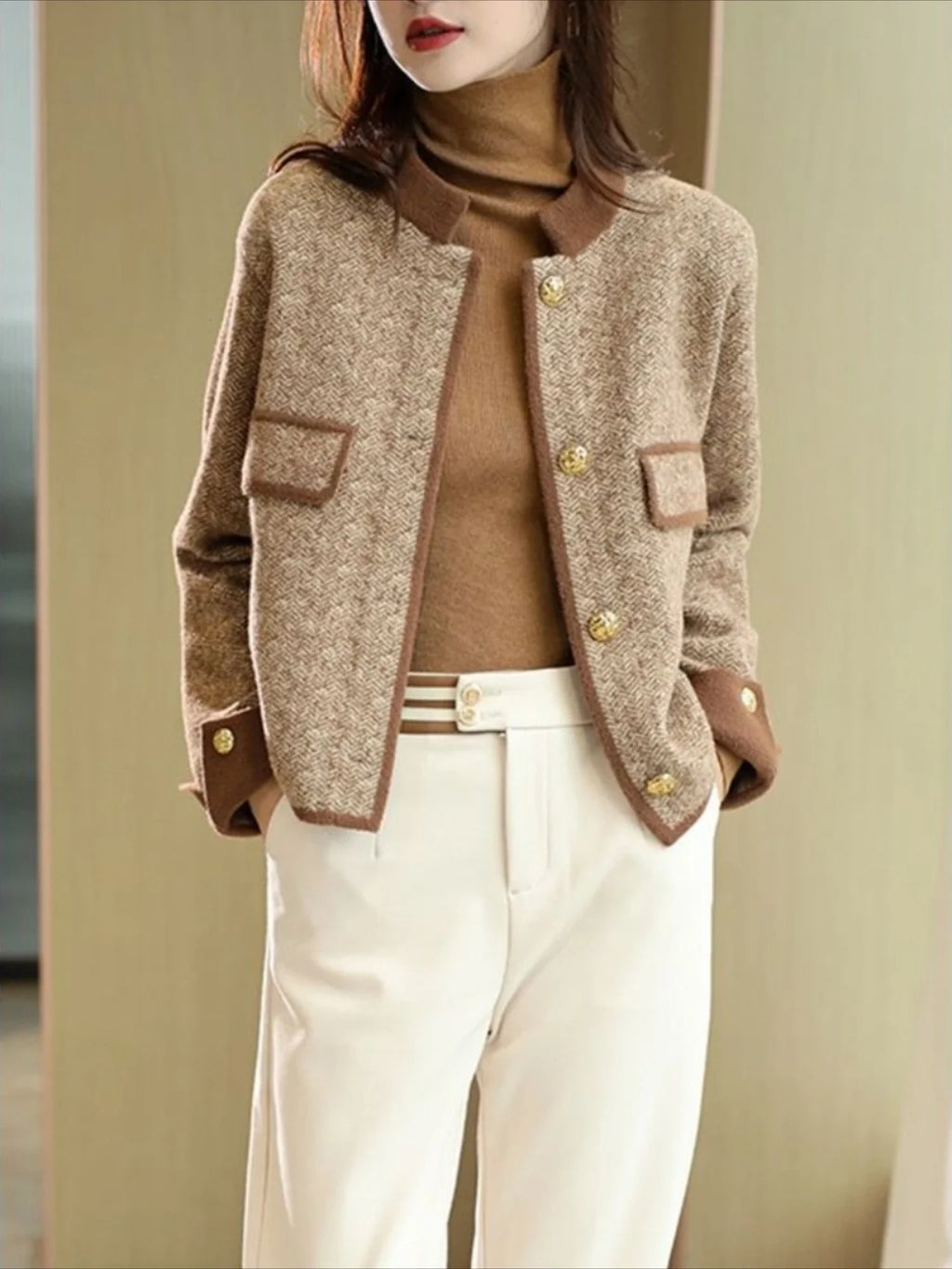 Knitting Wool Blend Coat for Women New In Round Neck Mixtures Jacket Woman Fashion 2025 High Quality Medium Elegant Hot Autumn