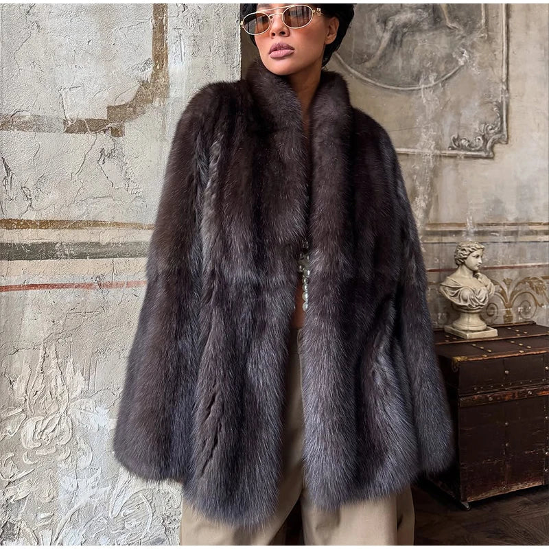 Fashion Medium-length Fur Coat Women Elegant Solid Lapel Hidden Button Loose Coats Lady 2025 Winter New Commute Office Outerwear