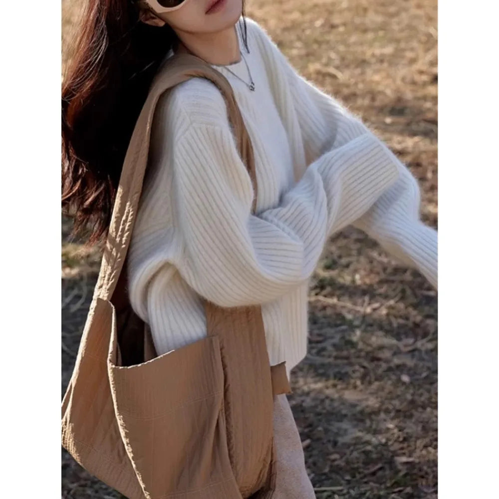100% Cashmere sweater for women's autumn and winter loose and soft sweater wool knitted sweater round neck base layer