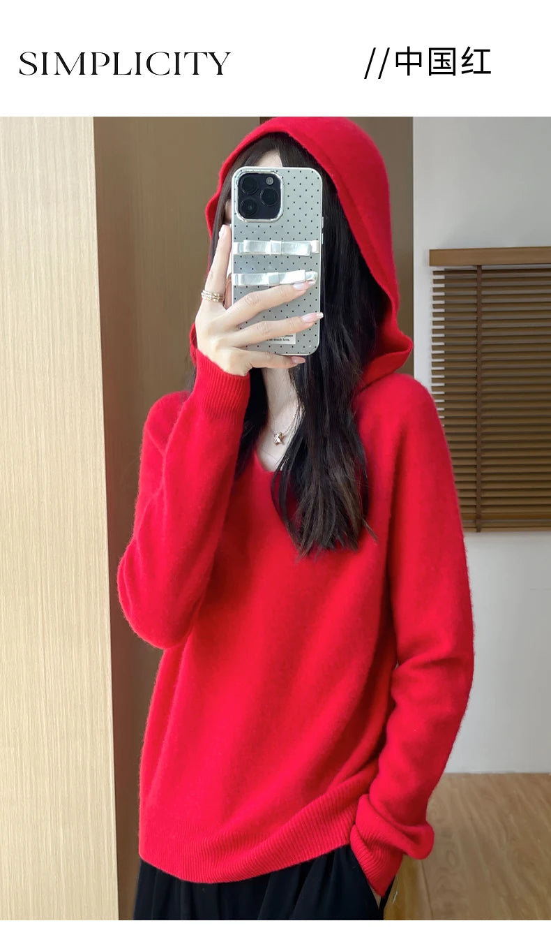 Women Autumn Winter Clothing Hooded Collar Pullover 100% Merino Wool Sweater New Fashion Cashmere Tops Bottoming Knitwear Soft