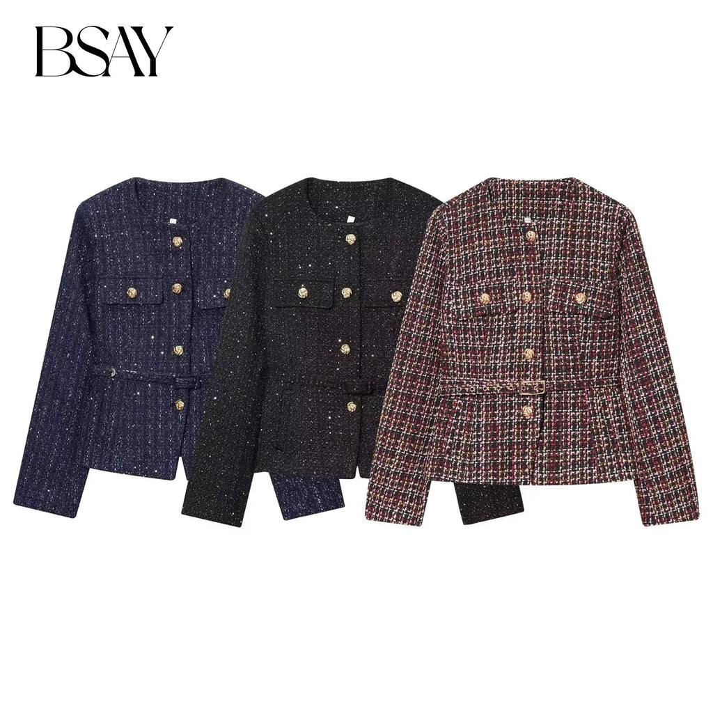 BSAY tweed jacket with belt women's clothing autumn winter new Round long sleeved button up outerwear chic France short coats