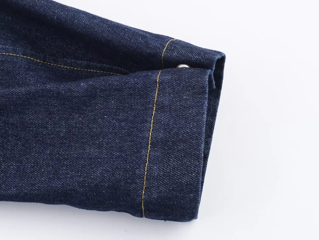 2025 New Women's Fashion Cinched Waist Denim Short Trench Coat Navy Blue Stand Collar Long Sleeve Elegant Ladies' Fashion Appare