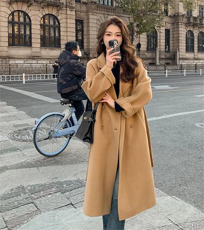 100% Wool Coat Women's Wear 2024 Autumn/Winter Fashion Temperament Double sided Cashmere Coats with Belt Elegant Long Overcoat