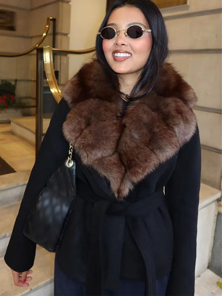 HH Women's Winter Fashion Coats Black Turn-Down Collar Long Sleeves Pockets Belt Decoration Female Elegant Slim Elegant Coat