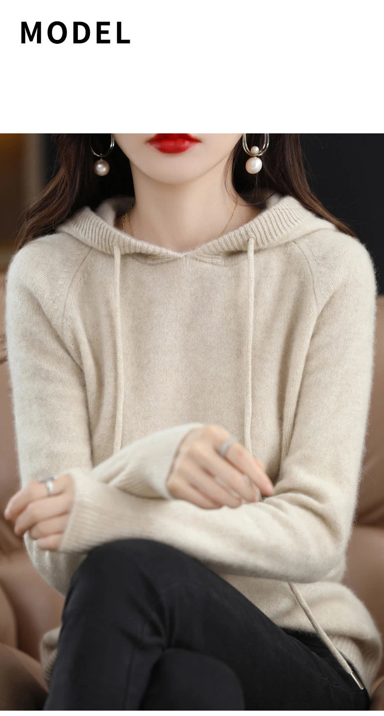 Cashmere Hooded Sweater Women Autumn Winter Long Sleeve Solid Color Knitted Hoodies Lady Loose Drawstring Casual Pullover Hoodie