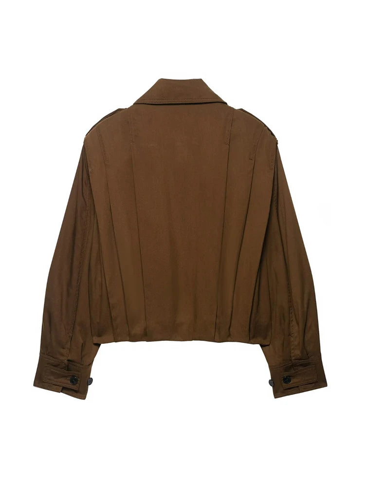 Women's Fashion Pleated Jacket Coat with Pads Lapel Collar Long Sleeve Front Button Chic Outerwear Top