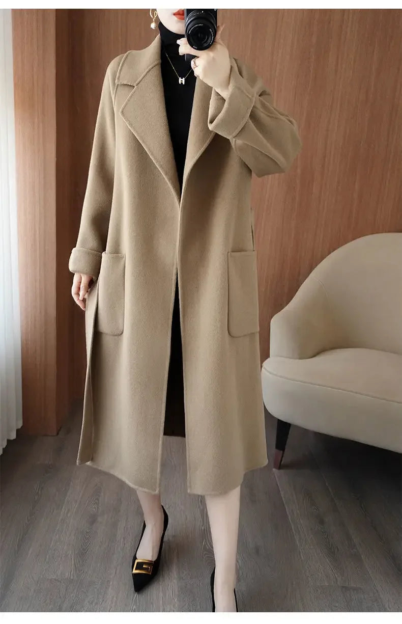100% Wool Coat Women's Wear 2025 Autumn/Winter Fashion Temperament Double sided Cashmere Coats with Belt Elegant Long Overcoat