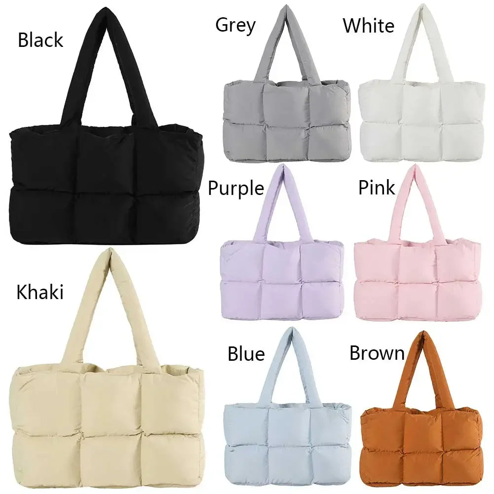 Women Padded Handbag Solid Color Quilted Single Shoulder Bag Large Capacity Soft Cloud Tote Bag Trendy Commuting Bags