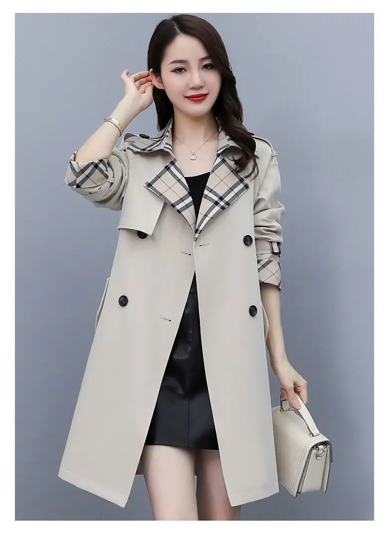 Women Trench Coat 2024 Spring New Style Lapel Collar Khaki Double Breasted Button Office Lady Windbreaker Coat