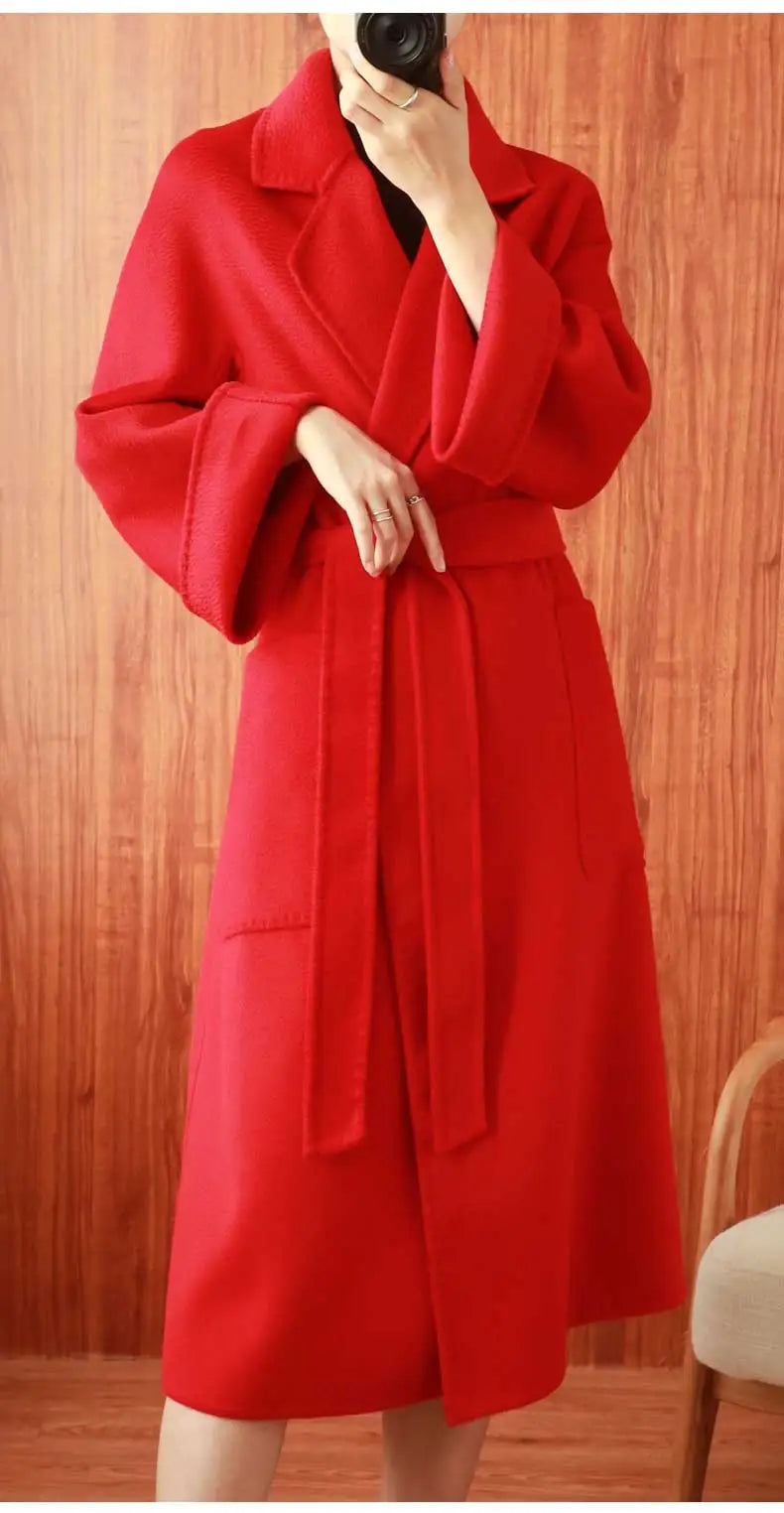 Women Double-Sided 20% Cashmere Wool Coat Jacket Women Long Beautiful Woolen Winter Autumn Warm Fashion Water Ripple Cloak