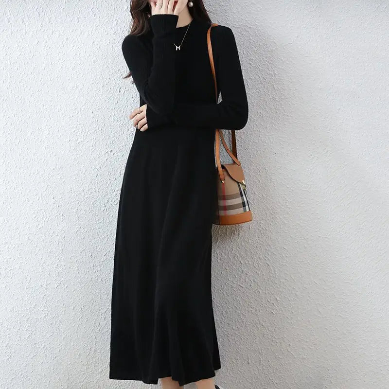 Wool Dress Long Cashmere Waist Over Knee Knit Sweater Skirt Elegant and Fashionable Women's Clothing in Autumn and Winter