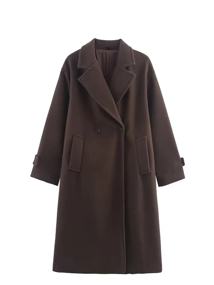 HH Women Autumn Winter New Fashion Lapel Woolen Edition Long Coat Female Simple Elegant Warm High Street Casual Jacket Mujer