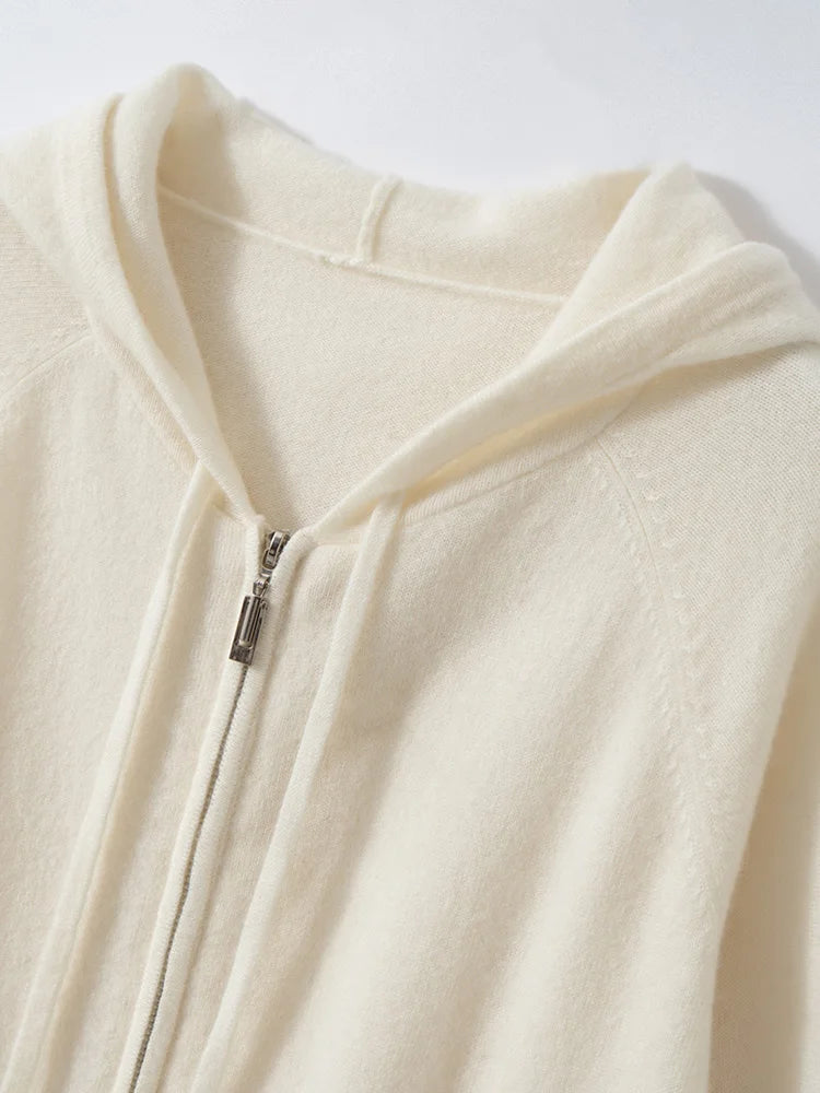 New Women 100% Cashmere Sweater Hooded Zipper Cardigan Cashmere  Autumn Winter Soft Long Sleeve Casual Simple Style Clothing Top