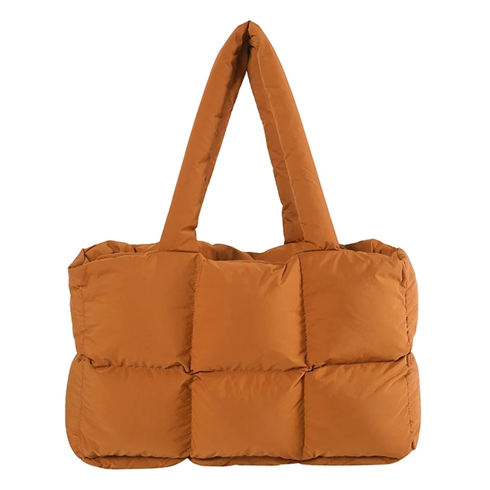 Women Padded Handbag Solid Color Quilted Single Shoulder Bag Large Capacity Soft Cloud Tote Bag Trendy Commuting Bags
