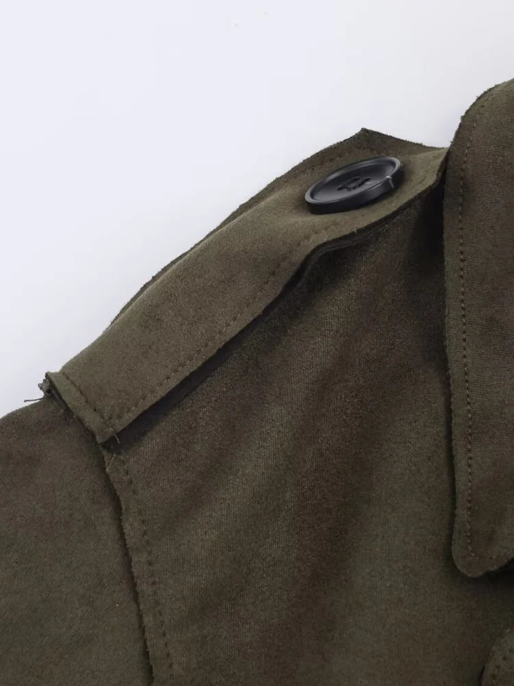 European style new women's fashionable and versatile solid color long trench coat with belt and suede effect.