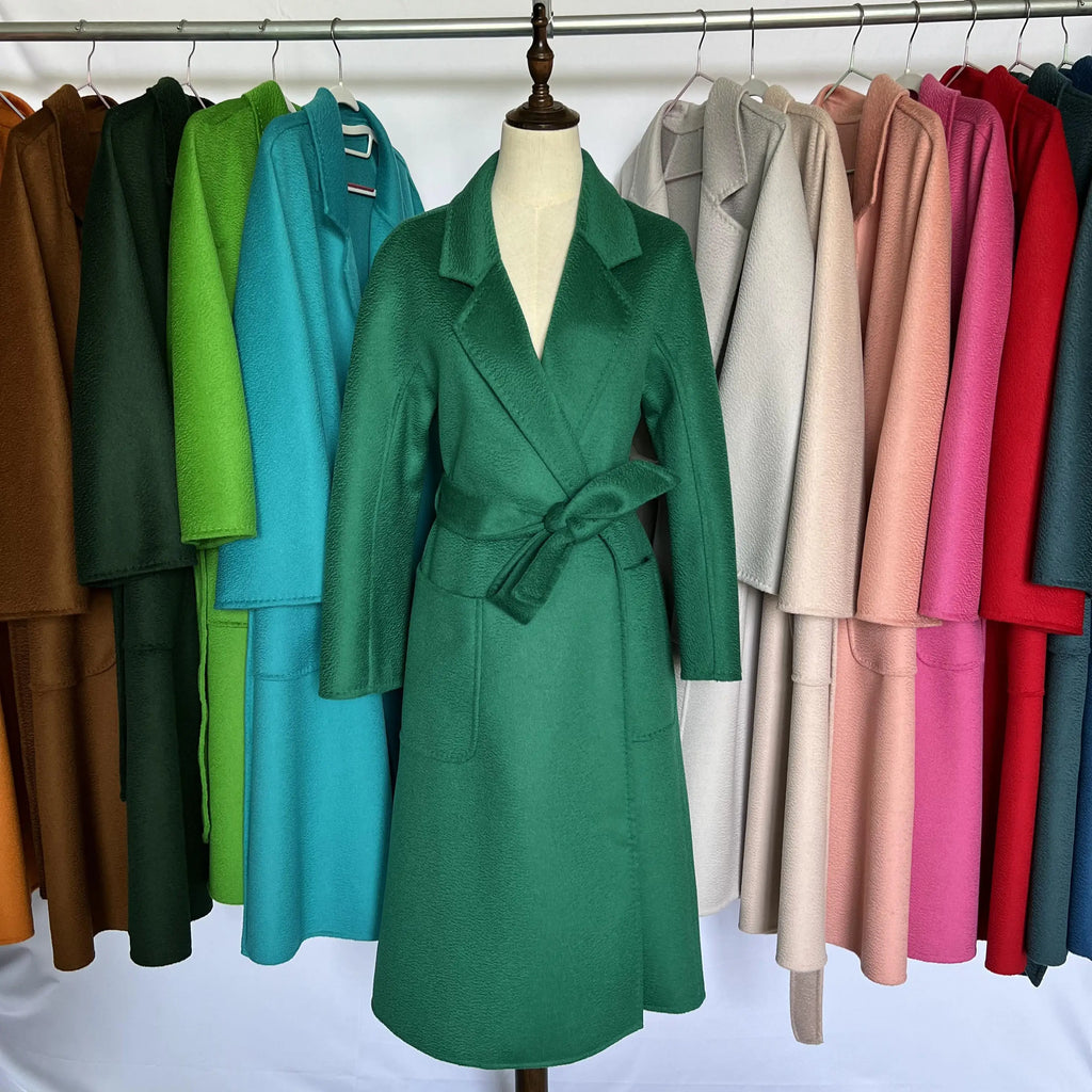 Cashmere Coat Female Winter Mid-Length Corrugated Coat Black Wool Coat Woman Autumn New Casual Fashion Red Beige Lace-Up Coat