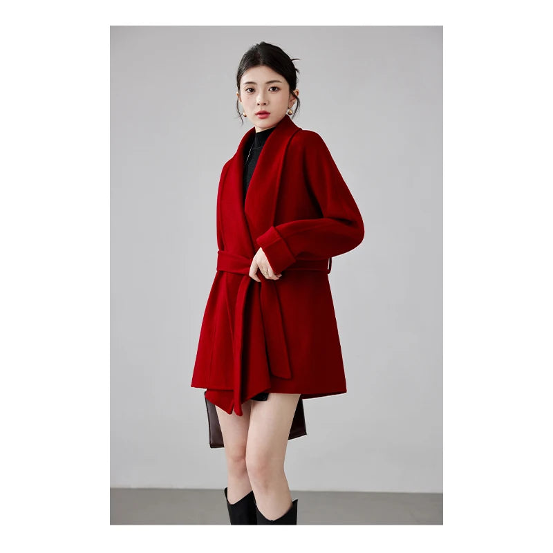 Women's Short Rose-red Double-sided Cashmere Coat | High-end (Wedding Bridal/New Year "War Robe") Woolen Outerwear