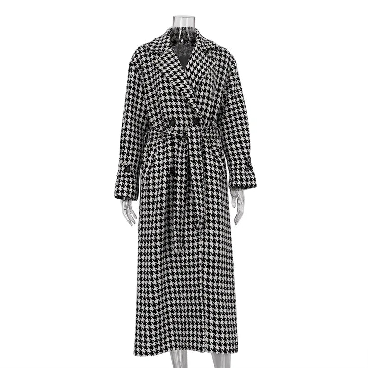 Long Coat Women Coats Work Turn Down Collar Houndstooth Thick Work Trench Streetwear Elegant Jackets Open Stith Autumn Winter