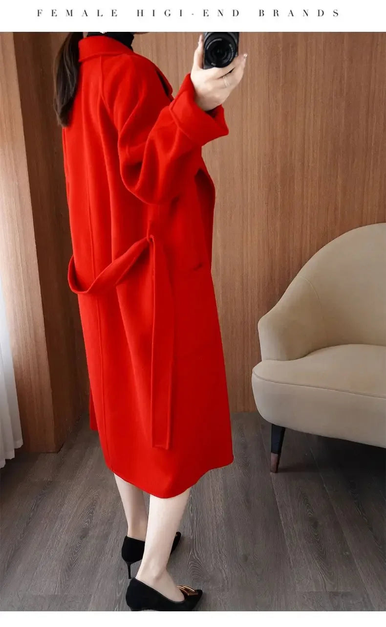 100% Wool Coat Women's Wear 2025 Autumn/Winter Fashion Temperament Double sided Cashmere Coats with Belt Elegant Long Overcoat