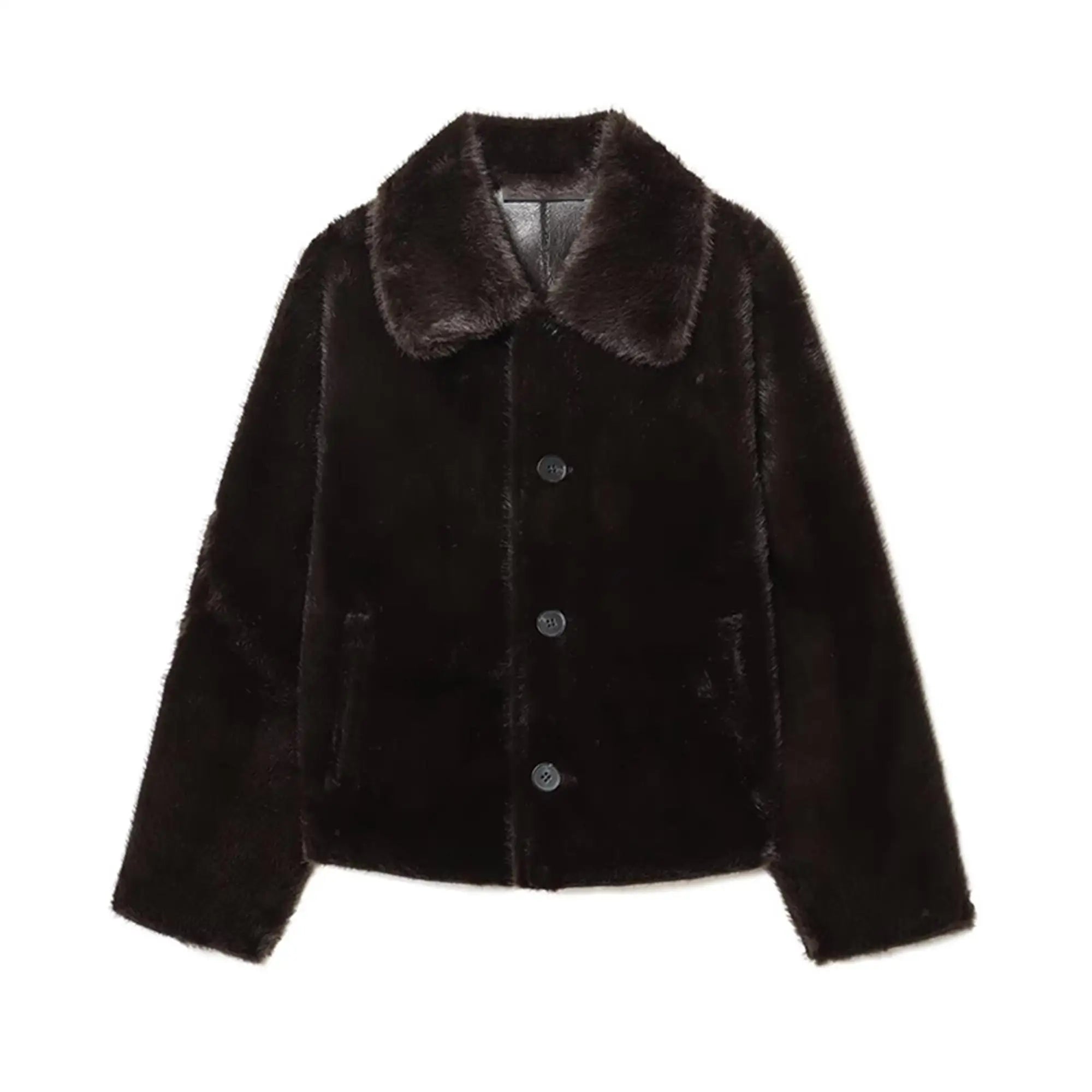 Winter Women New Double-sided Fleece Leather Jacket Fashion Reversible Lapel Single Breasted  Short Coat Retro Pocket Outwear