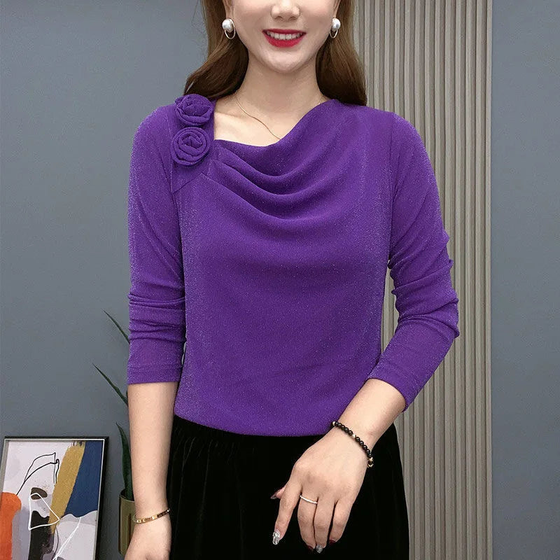 Women's Clothing Vintage Pile Collar Floral Solid Color Pullovers T-shirt  Autumn Slim Gauze Spliced Stylish Sequined T-shirt