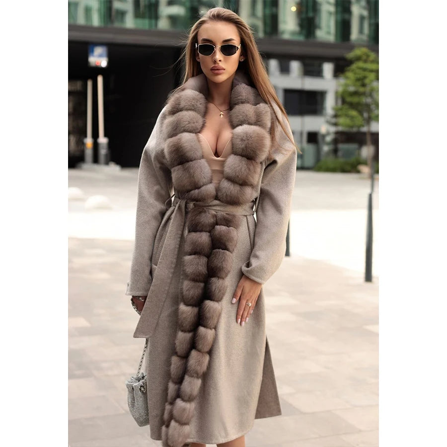Natural Wool Coats For Women Winter Warm Woolen Coat With Fur Trim Winter Long Coat Wool