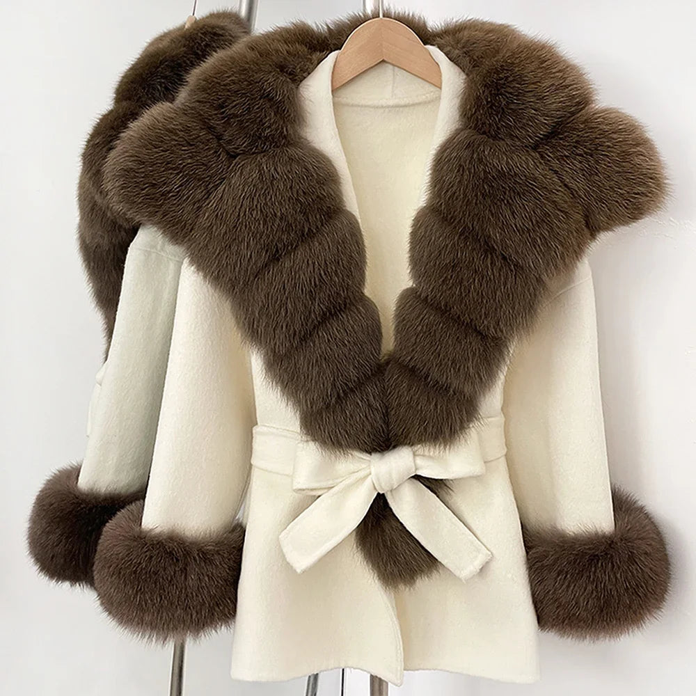 Wool Coat Women Woman New Fashion Winter Autumn Real Fur Jacket Luxury Real Fox Fur Coats Ladies Belt Design Woolen Outwear