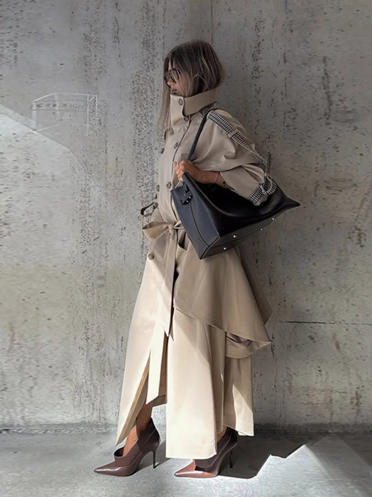 Women's Trench Coat Double Breasted Stand Collar Epaulet Lace Up Long Windbreaker Office Lady Winter Autumn Solid Slim Outerwear